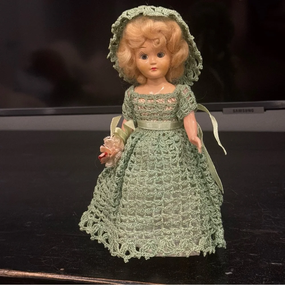 1950s Plastic Dolls in Crocheted Dresses with Underskirts, Panties, and Hats /